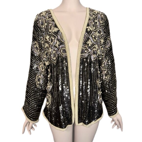Vtg Oleg Cassini Sparkly Beaded Sequin Jacket Embellished Pearls Open Front Sz L - Picture 5 of 16